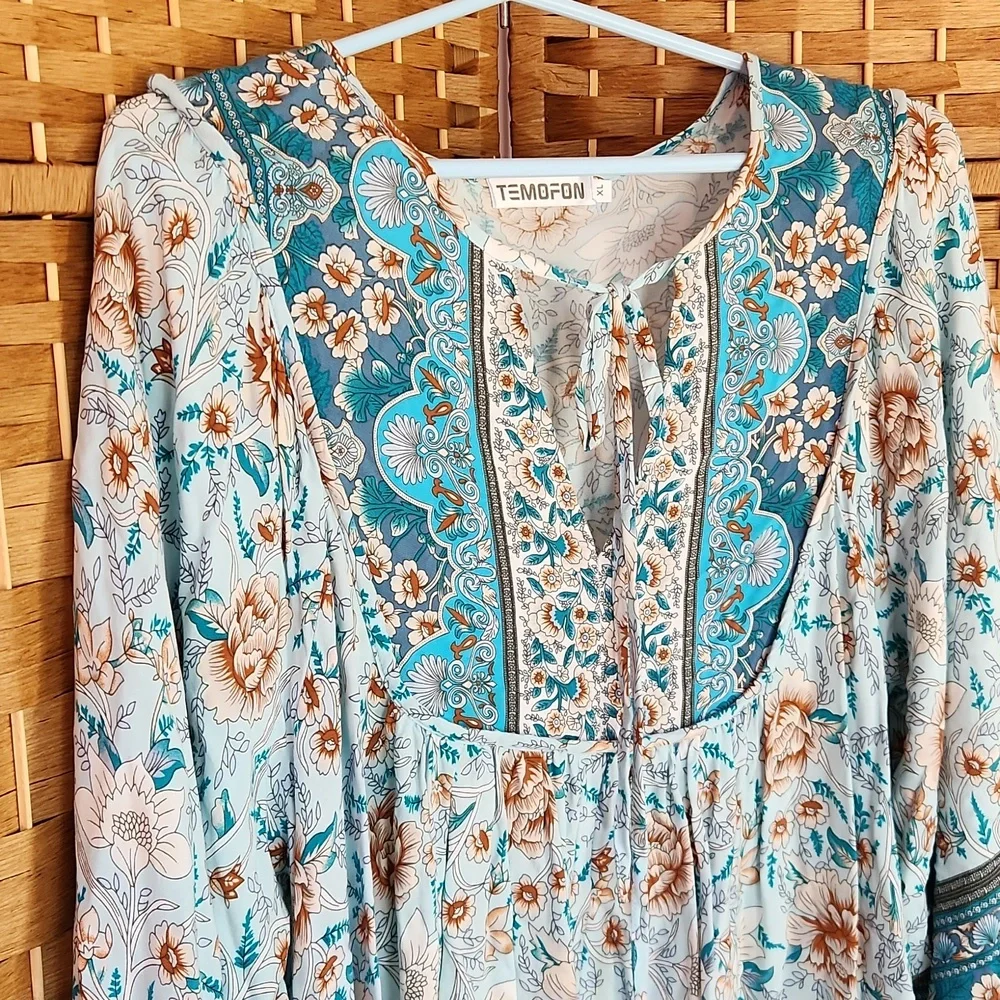 Temofon, Bohemian Teal, Blue, Brown, Floral Fall, Spring Longsleeve Dress Sz XL - Picture 3 of 10
